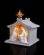 LED Weihnachtskrippe Bright Nativity, Ansicht schräg von vorne rechts mit beleuchteter Krippenszene – Münch3D