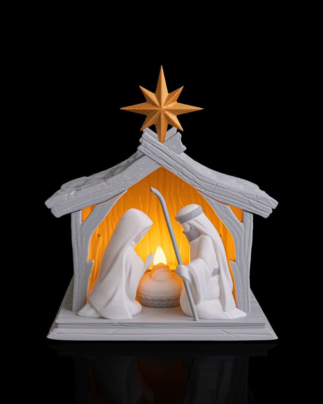 LED Weihnachtskrippe Bright Nativity, Frontalansicht mit Maria, Josef und goldenem Stern, warm beleuchtet, 19 cm – Münch3D