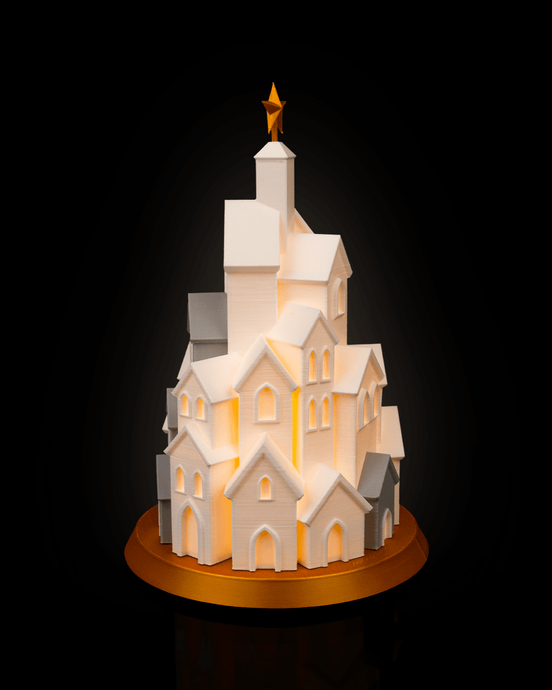LED Winterdorf Tischlampe Winter Village Turm, beleuchtete Häuser mit warmem Licht durch die Fenster – Münch3D