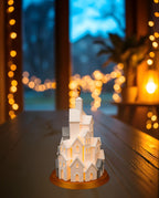 LED Winterdorf Tischlampe Turm mit beleuchteten Miniaturhäusern und goldenem Stern, Frontalansicht (dritte Aufnahme), auf dunkler Holzkonsole am Fenster in der Dämmerung, warme Lichterkette im Hintergrund