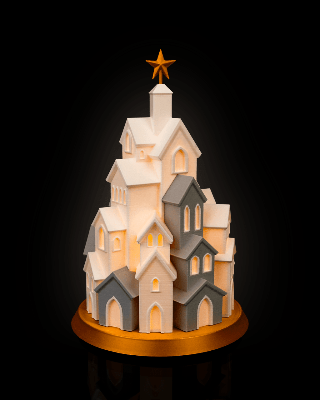 LED Winterdorf Tischlampe Winter Village Turm, beleuchtete Miniaturhäuser mit goldenem Stern, goldener Sockel, 19 cm – Münch3D