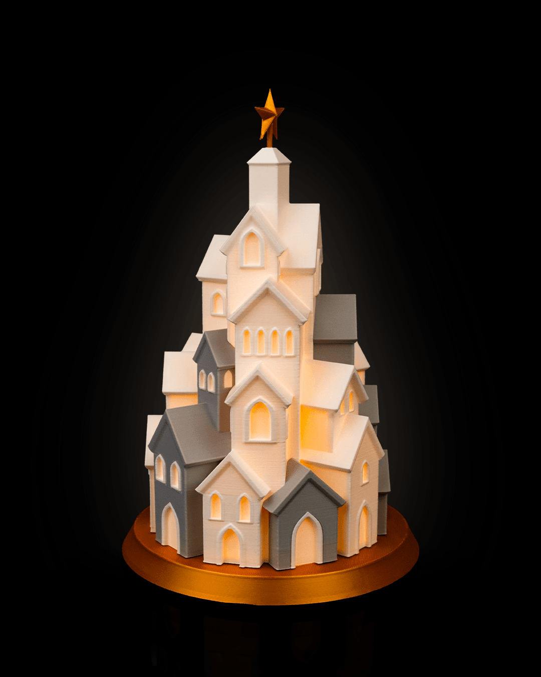 LED Winterdorf Tischlampe Winter Village Turm, leicht gedrehte Ansicht beleuchtet mit goldenem Stern – Münch3D
