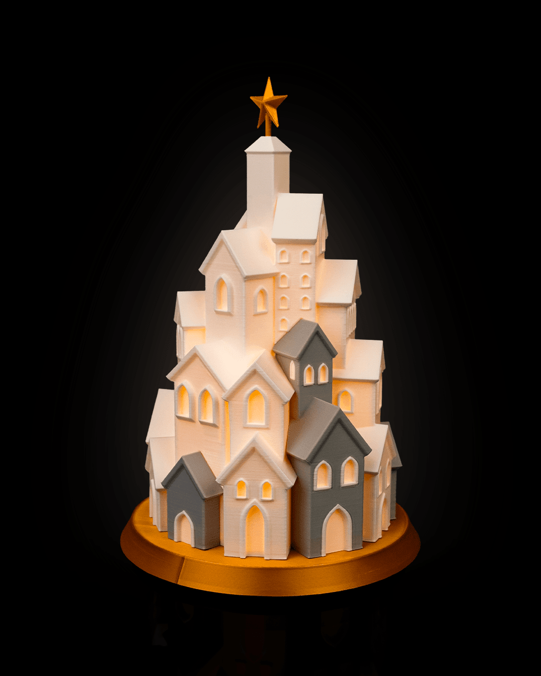 LED Winterdorf Tischlampe Winter Village Turm, Nahaufnahme beleuchteter Häuser mit spitzen Dächern – Münch3D