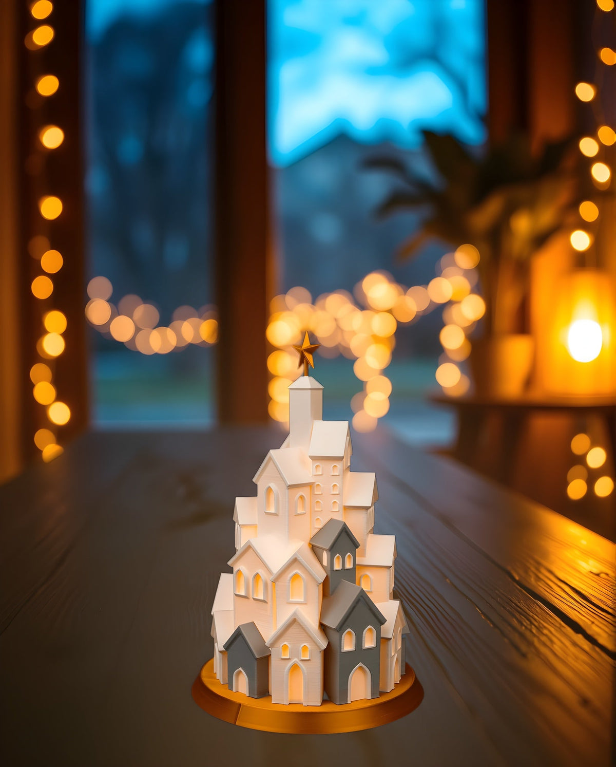 LED Winterdorf Tischlampe Turm mit beleuchteten Miniaturhäusern und goldenem Stern, Nahaufnahme, auf dunkler Holzkonsole am Fenster in der Dämmerung, warme Lichterkette im Hintergrund