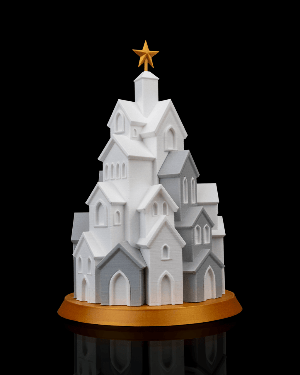 LED Winterdorf Tischlampe Winter Village Turm, weitere unbeleuchtete Ansicht mit goldenem Stern – Münch3D