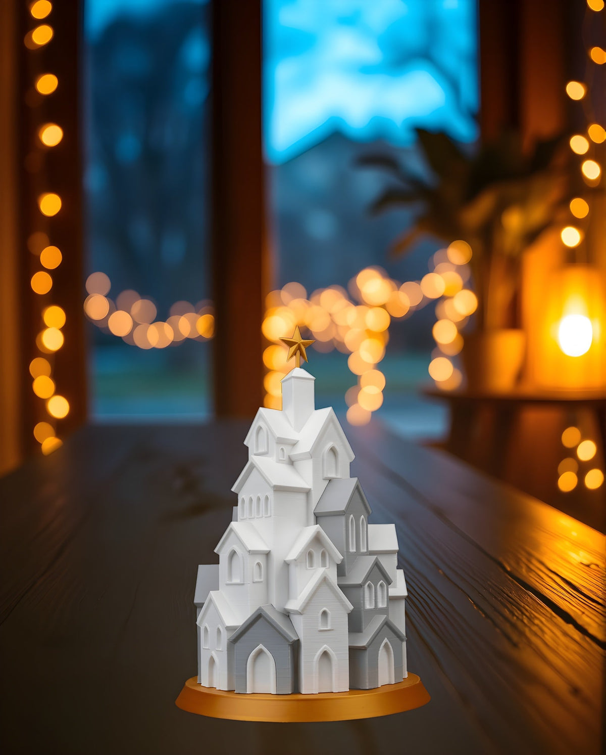 LED Winterdorf Tischlampe Turm mit beleuchteten Miniaturhäusern und goldenem Stern, unbeleuchtete Ansicht (weitere Aufnahme), auf dunkler Holzkonsole am Fenster in der Dämmerung, warme Lichterkette im Hintergrund