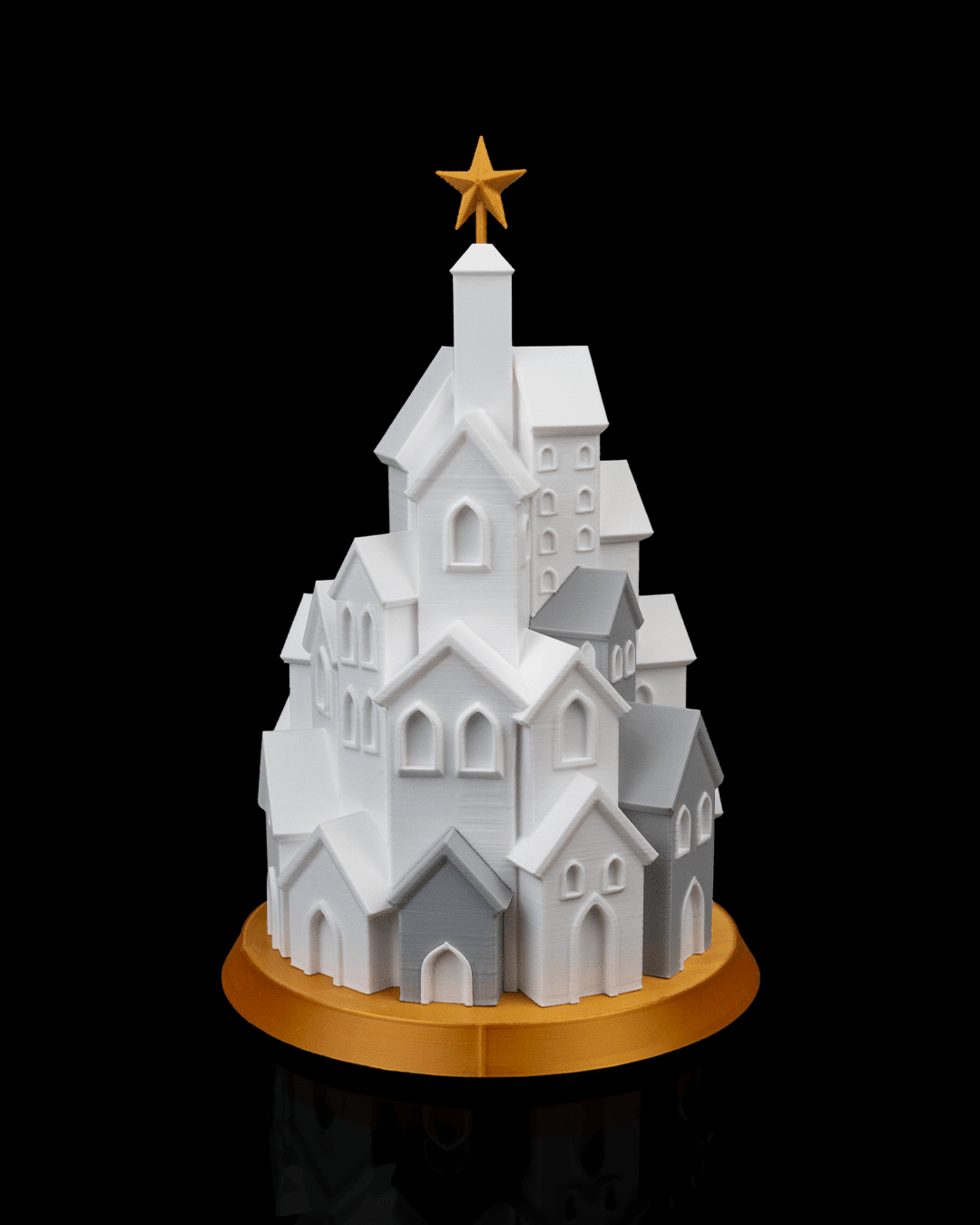 LED Winterdorf Tischlampe Winter Village Turm, unbeleuchtete Ansicht mit goldenem Stern, Fenster ohne Licht – Münch3D