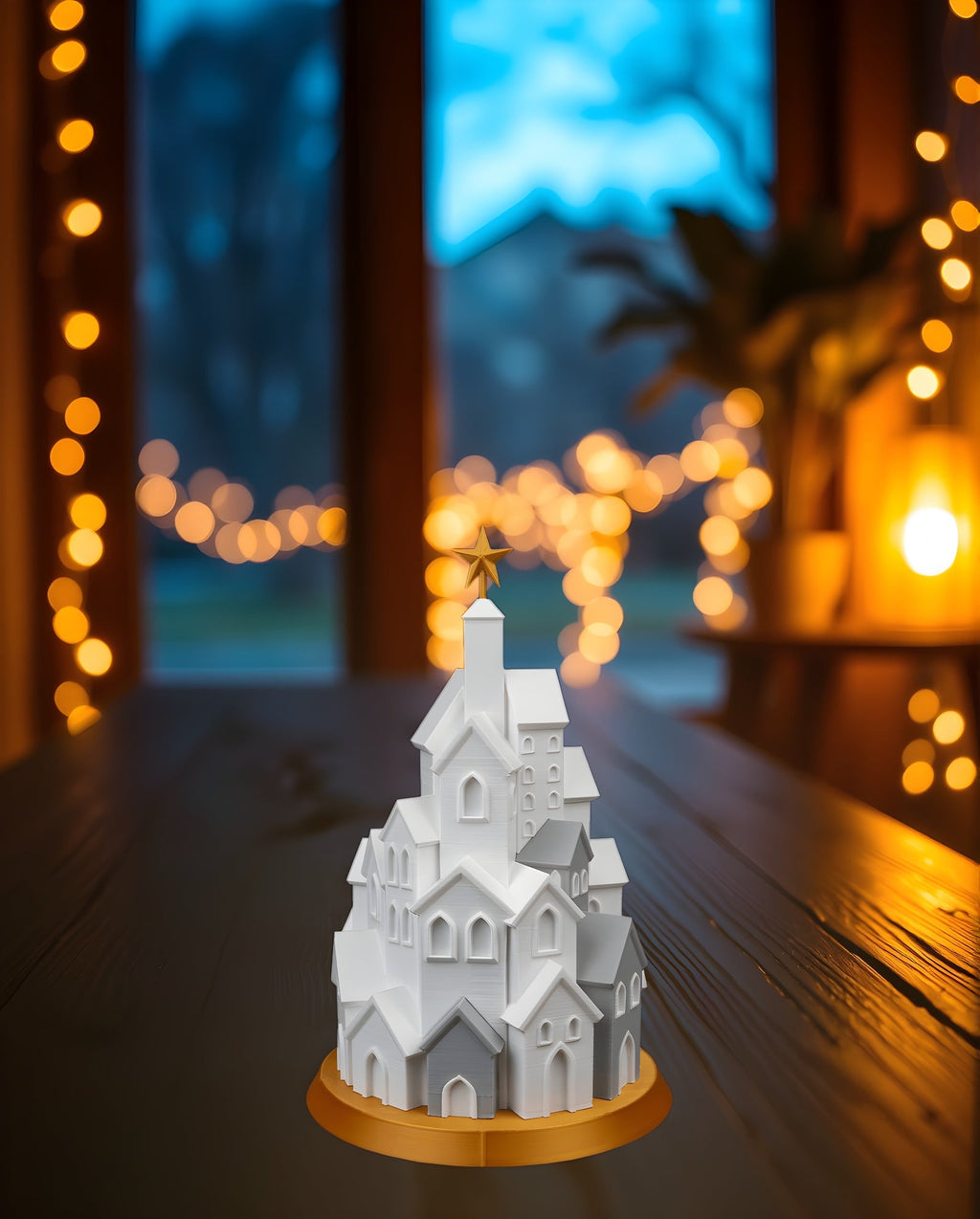 LED Winterdorf Tischlampe Turm mit beleuchteten Miniaturhäusern und goldenem Stern, unbeleuchtete Ansicht, auf dunkler Holzkonsole am Fenster in der Dämmerung, warme Lichterkette im Hintergrund