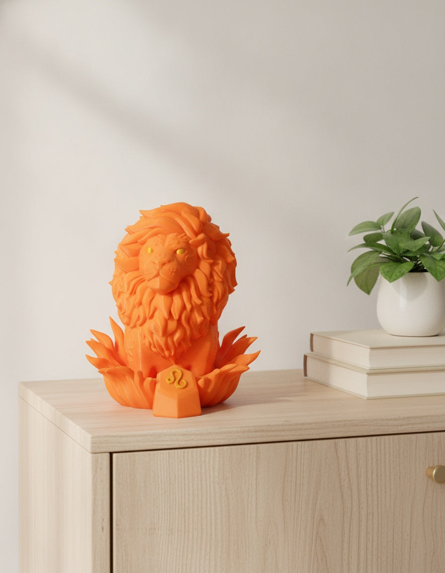 Orange Löwen-Sternzeichen-Skulptur mit Mähne und Flammensockel, frontale Ansicht auf hellem Holzsideboard vor weißer Wand, mit Bücherstapel und Grünpflanze im unscharfen Hintergrund – Münch3D 3D-Druck