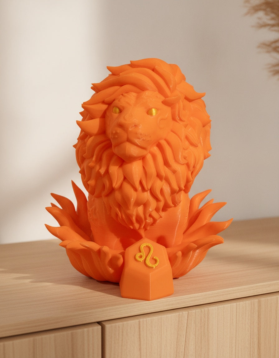 Orange Löwen-Skulptur, Nahaufnahme frontal mit Mähne und Flammensockel, auf hellem Holzsideboard mit unscharfem Hintergrund