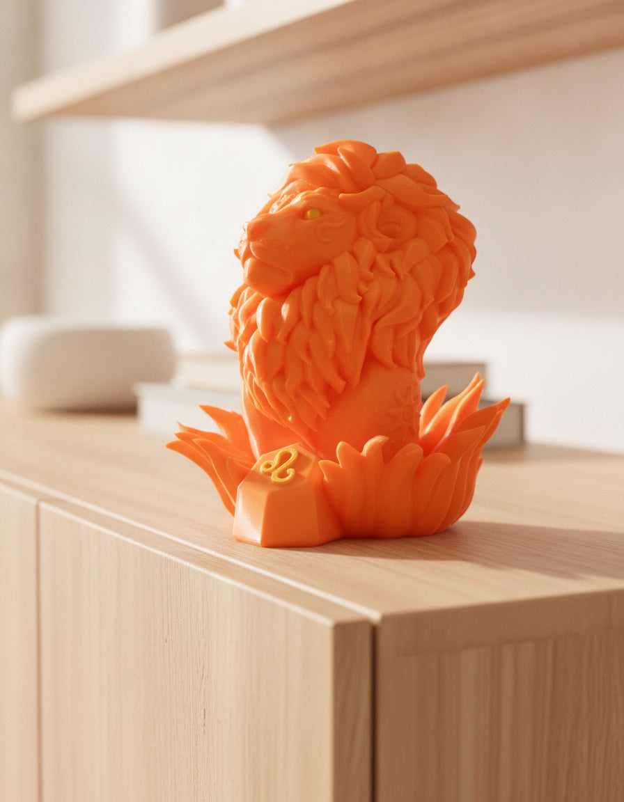 Orange Löwen-Skulptur, seitliches Profil mit Blick zur Seite, auf hellem Holzsideboard mit unscharfem Hintergrund