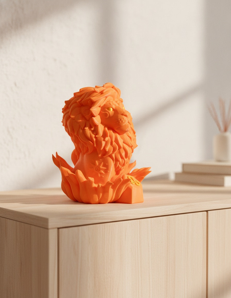 Orange Löwen-Skulptur, Dreiviertelansicht mit Sonnenmotiv auf der Brust, auf hellem Holzsideboard mit unscharfem Hintergrund