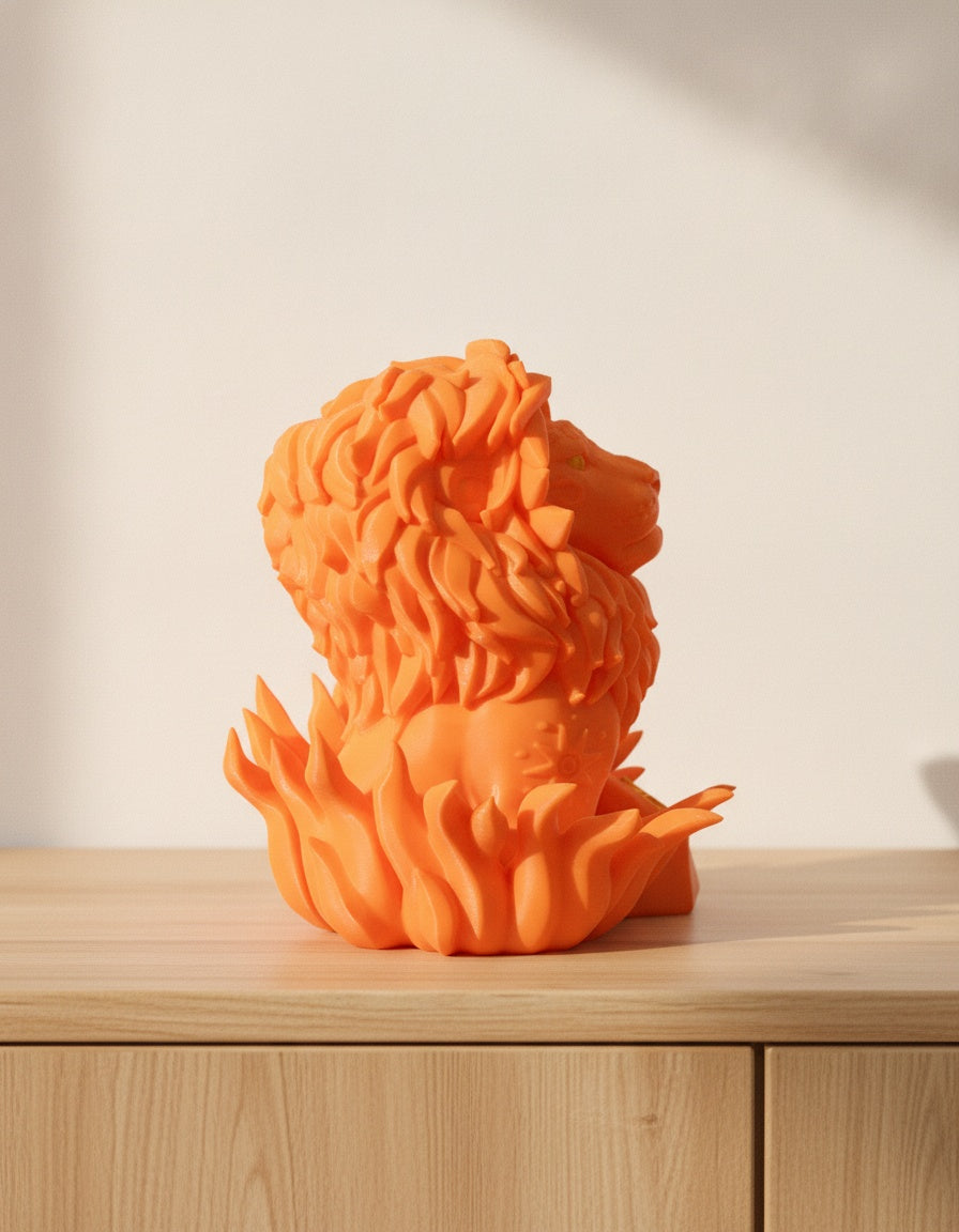 Orange Löwen-Skulptur, seitliche Profilansicht von hinten mit voller Mähne, auf hellem Holzsideboard mit unscharfem Hintergrund