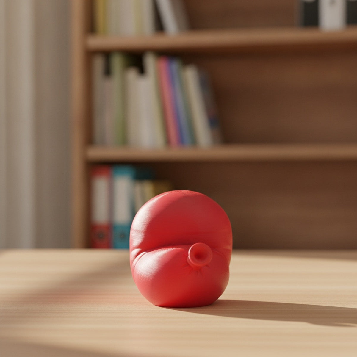 Roter Luftballon-Handyhalter ohne Smartphone mit sichtbarem Ballonknoten, auf hellem Holzschreibtisch mit Bücherregal im Hintergrund