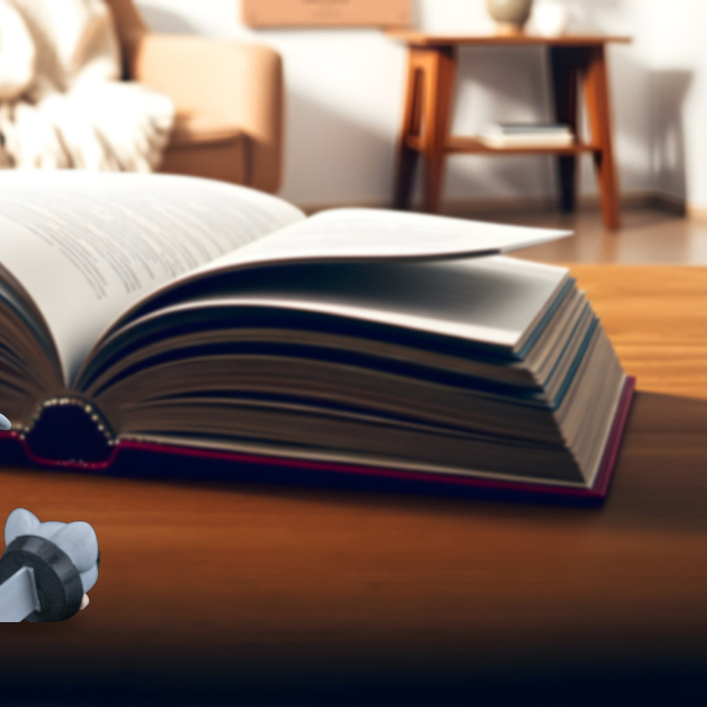 Graues Maus-Lesezeichen Rueckansicht, in gemuetlicher Lese-Ecke vor aufgeschlagenem Buch auf Holztisch