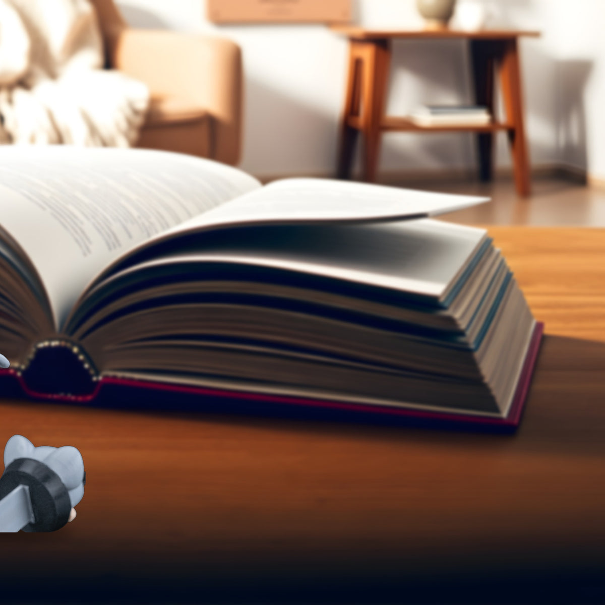 Graues Maus-Lesezeichen Rueckansicht, in gemuetlicher Lese-Ecke vor aufgeschlagenem Buch auf Holztisch
