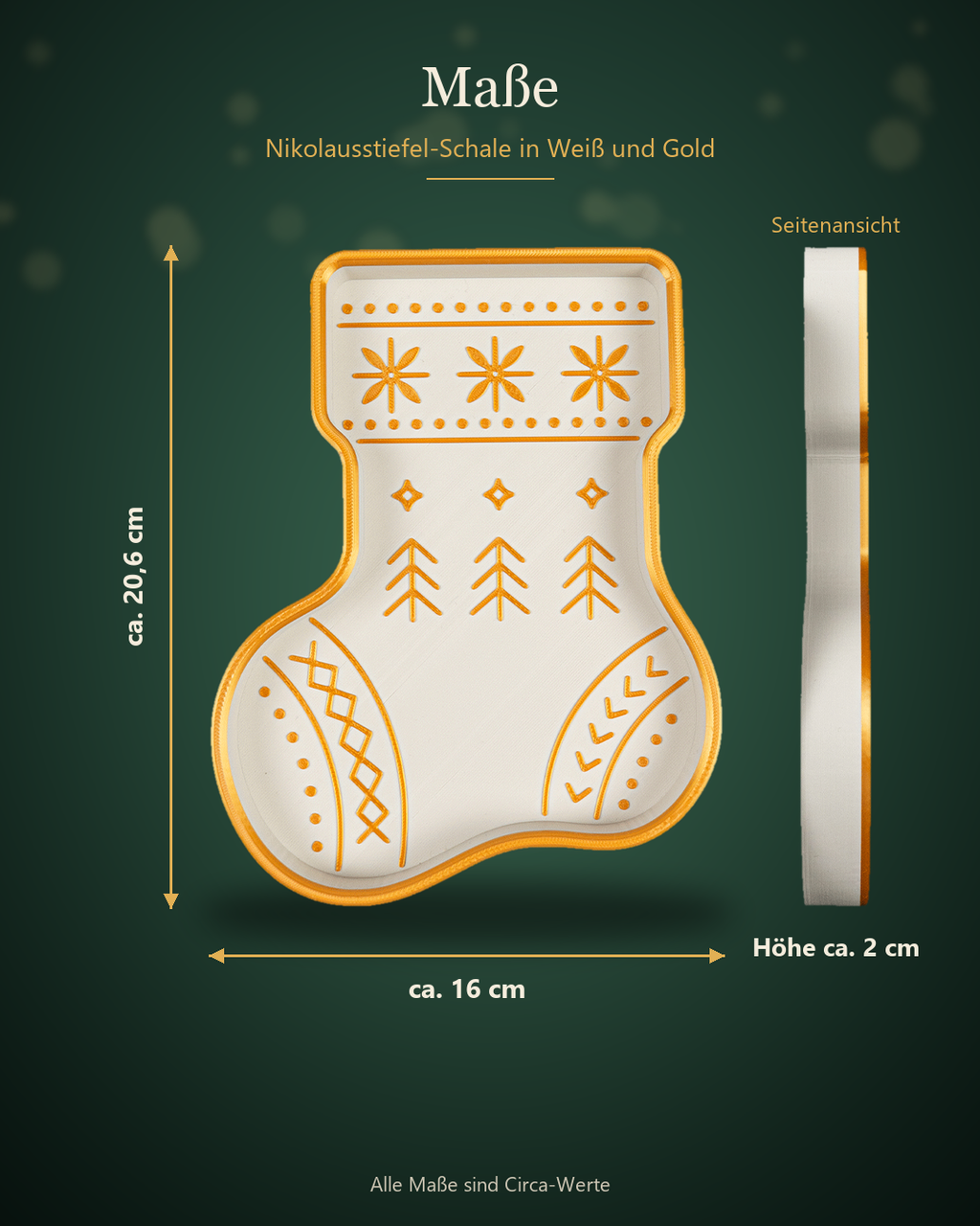 Maße der Nikolausstiefel-Schale: ca. 20,6 cm lang, ca. 16 cm breit und ca. 2 cm hoch, mit Seitenansicht, auf dunkelgrünem Hintergrund beschriftet