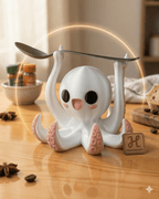 Süßer Oktopus Löffelhalter weiß-pink mit Löffel, Küchen-Lifestyle-Foto mit Gewürzen und Brot – Münch3D