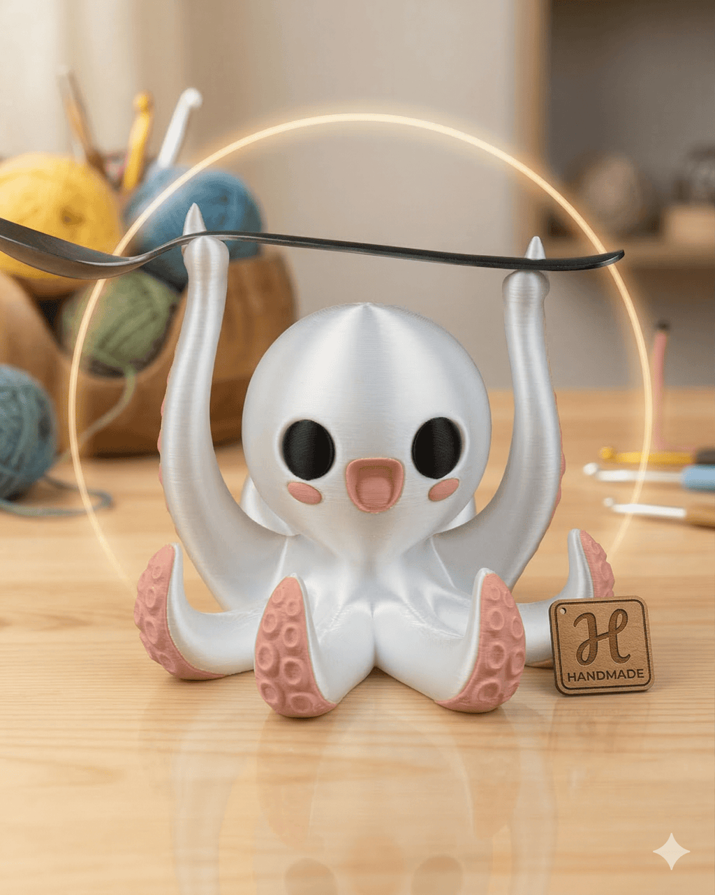 Süßer Oktopus Löffelhalter weiß-pink mit Löffel, Lifestyle-Foto mit Wollknäueln und Stricknadeln – Münch3D