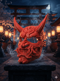 Oni-Maske Der Dämon, KI-generiertes Kompositbild vor einem Torii-Tor bei Nacht mit Kirschblüten, Laternen und Pagode im Hintergrund – Münch3D