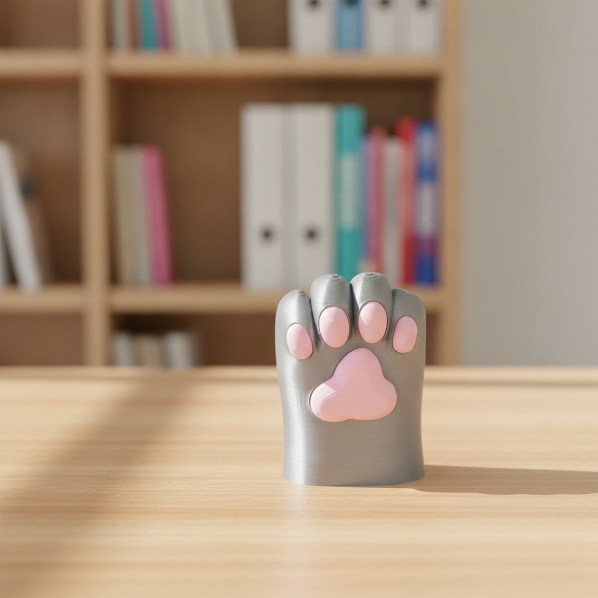 Katzenpfoten-Stiftehalter in Grau mit rosa Ballen, ohne Inhalt, auf hellem Holzschreibtisch mit Bücherregal im Hintergrund