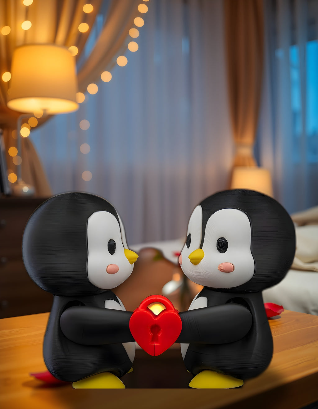 Pinguinpaar mit Herzschloss auf Nachttisch mit Rosenblättern, Frontalansicht – Münch3D