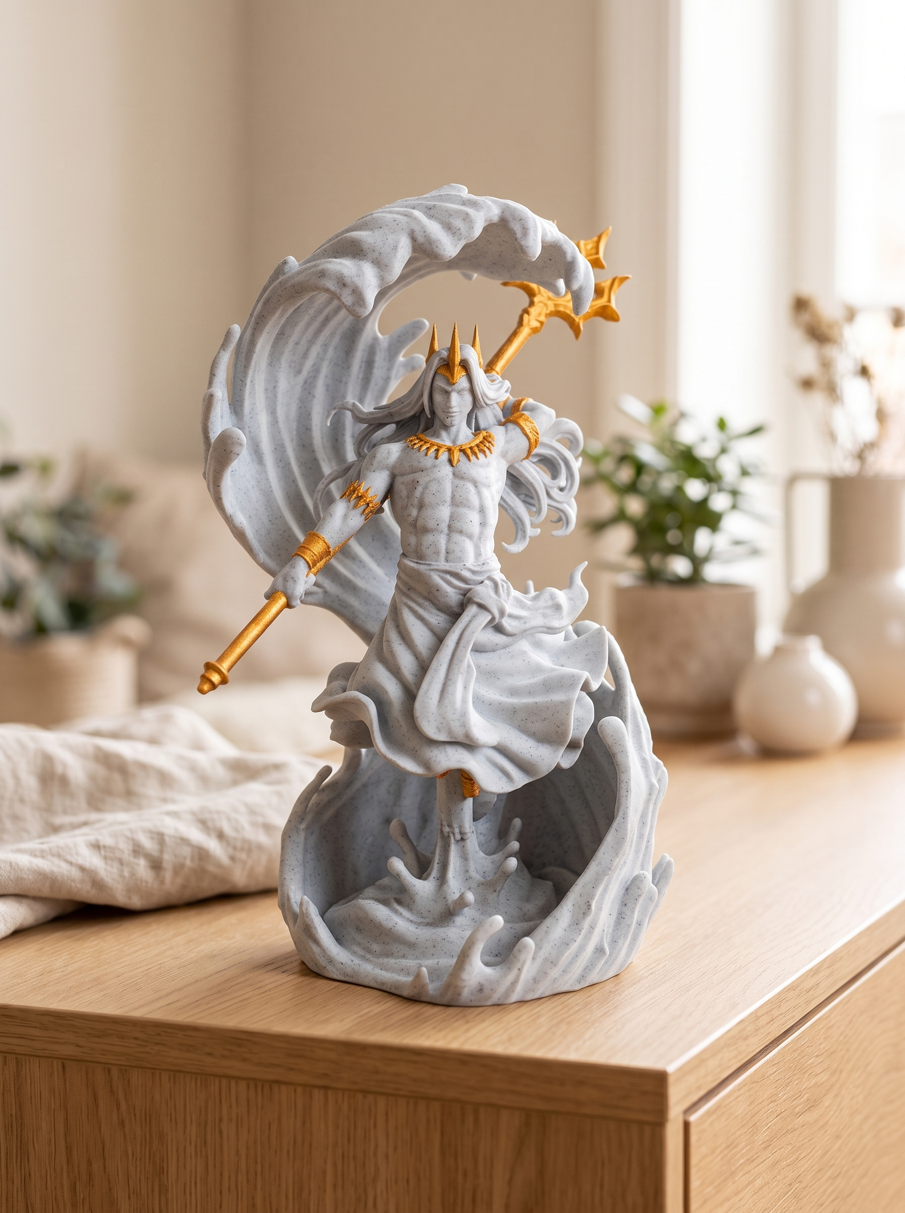 Poseidon Statue Frontalansicht mit sichtbarem Gesicht, Dreizack in erhobener Hand, umgeben von marmorner Wellenform, auf Holzkommode mit Pflanzen und Vasen im Hintergrund