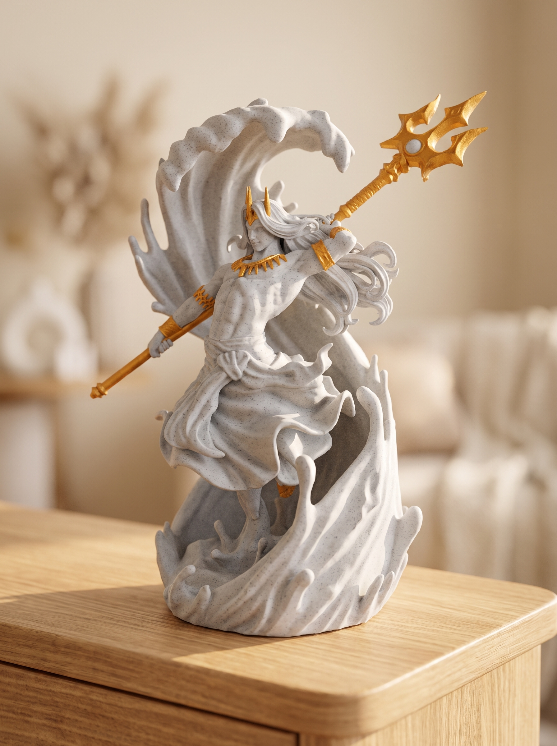 Poseidon-Statue Marmor-Optik mit Gold: Figur mit Dreizack in erhobener Hand, umgeben von marmorner Wellenform, auf Nachttisch mit getrockneten Blumen im Hintergrund