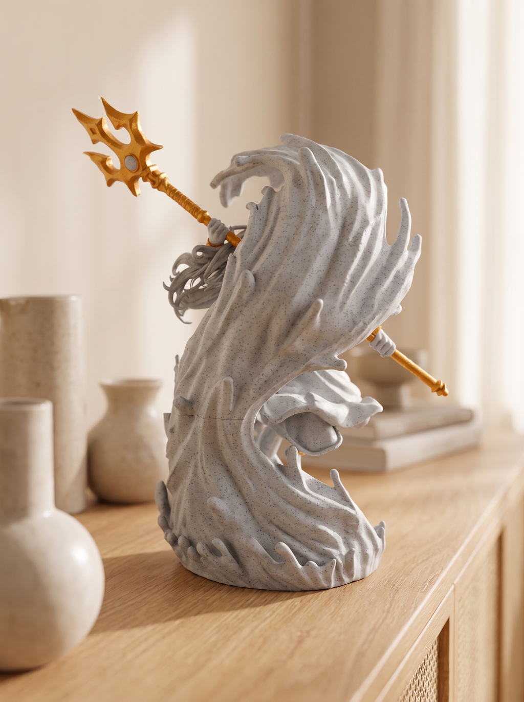 Poseidon Statue von hinten, Körper größtenteils von der marmornen Wellenform verdeckt, Dreizack und Haare sichtbar, auf Holzkommode mit mehreren Keramikvasen und Büchern im Hintergrund