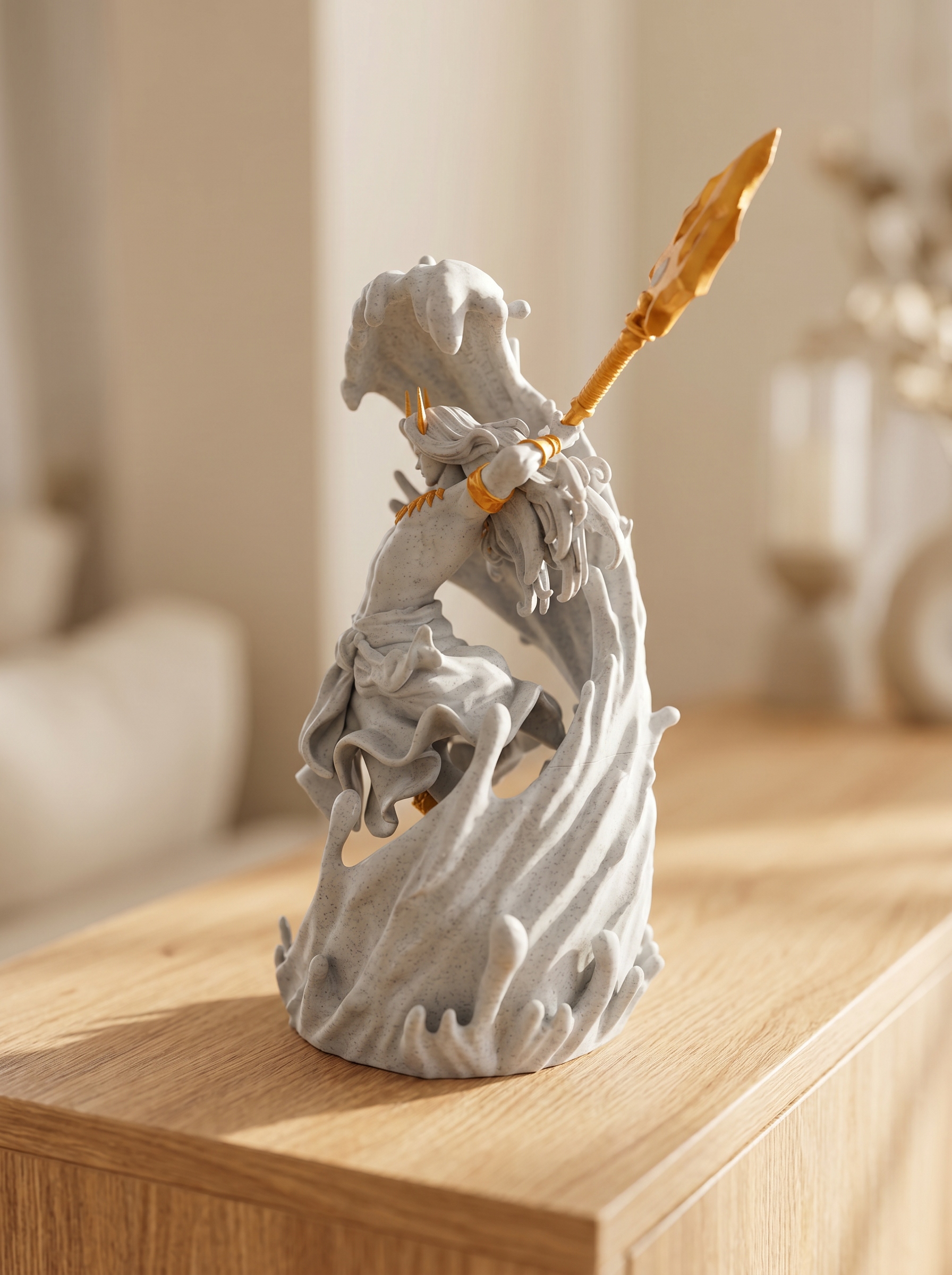 Poseidon Statue Rückansicht mit goldenem Speer (kein Dreizack) in erhobener Hand, auf Holzkommode mit Vase im Hintergrund