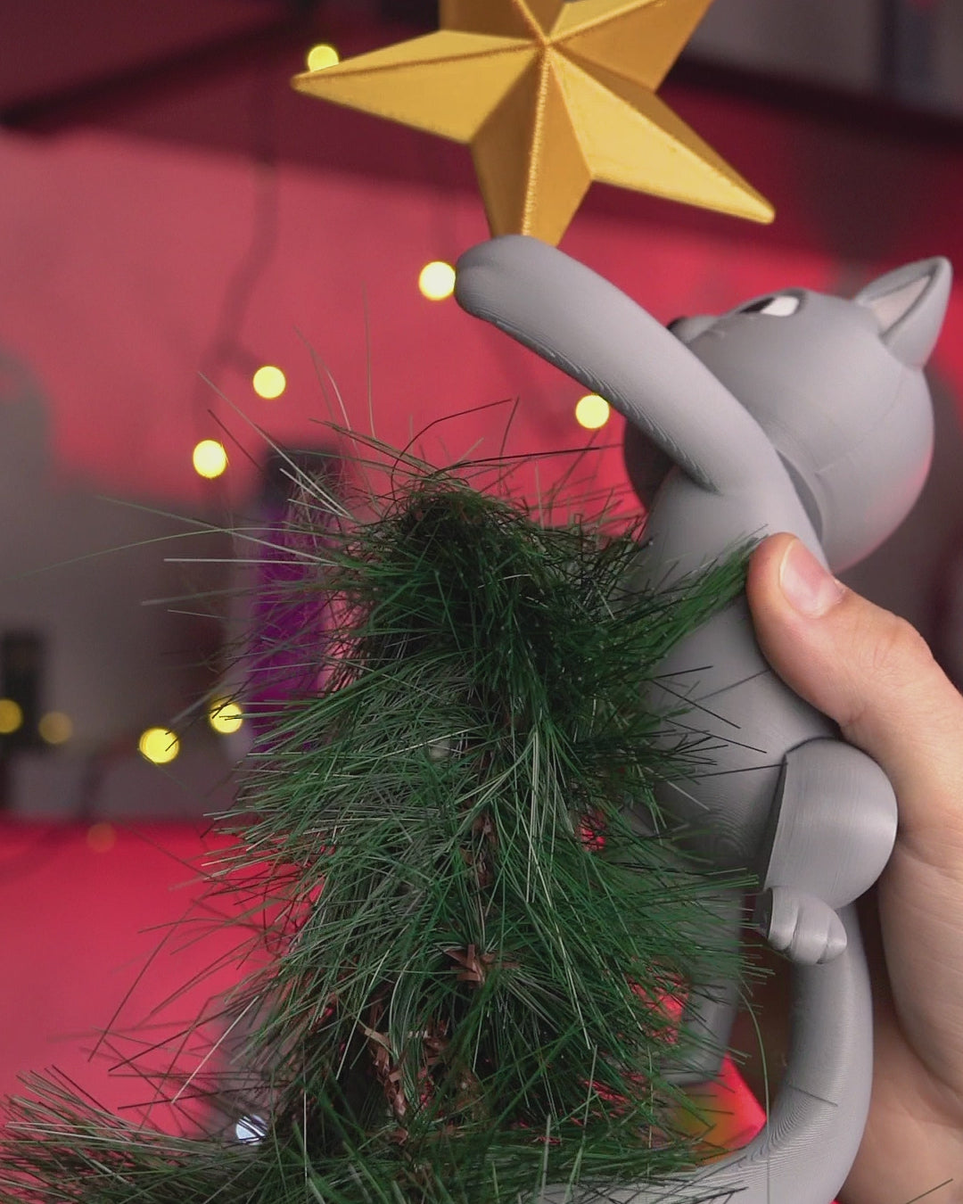Christmas tree topper Climbing cat with golden star 27 cm