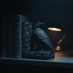 Nahaufnahme der schwarzen Raben-Buchstütze vor Bücherreihe im Regal