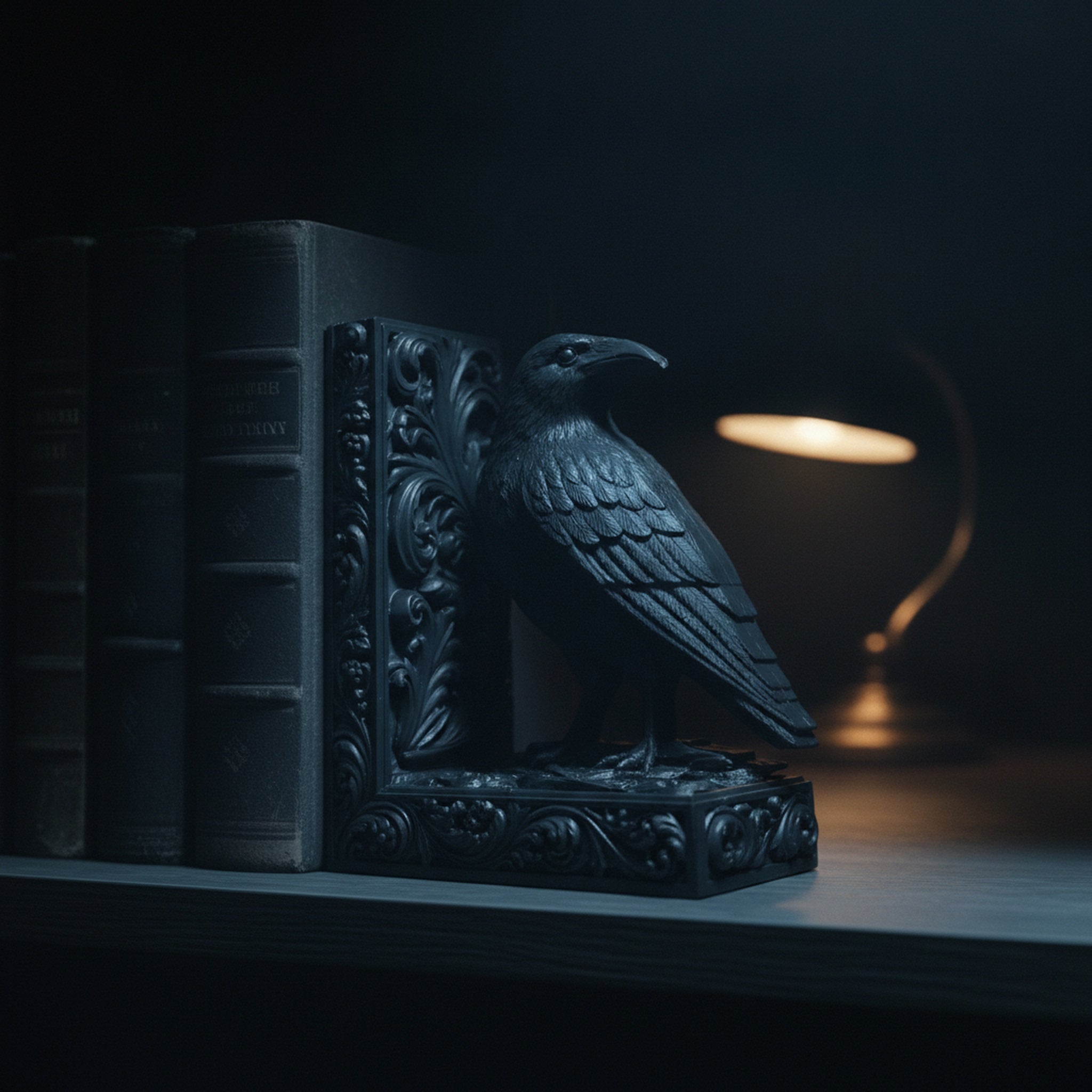 Nahaufnahme der schwarzen Raben-Buchstütze vor Bücherreihe im Regal