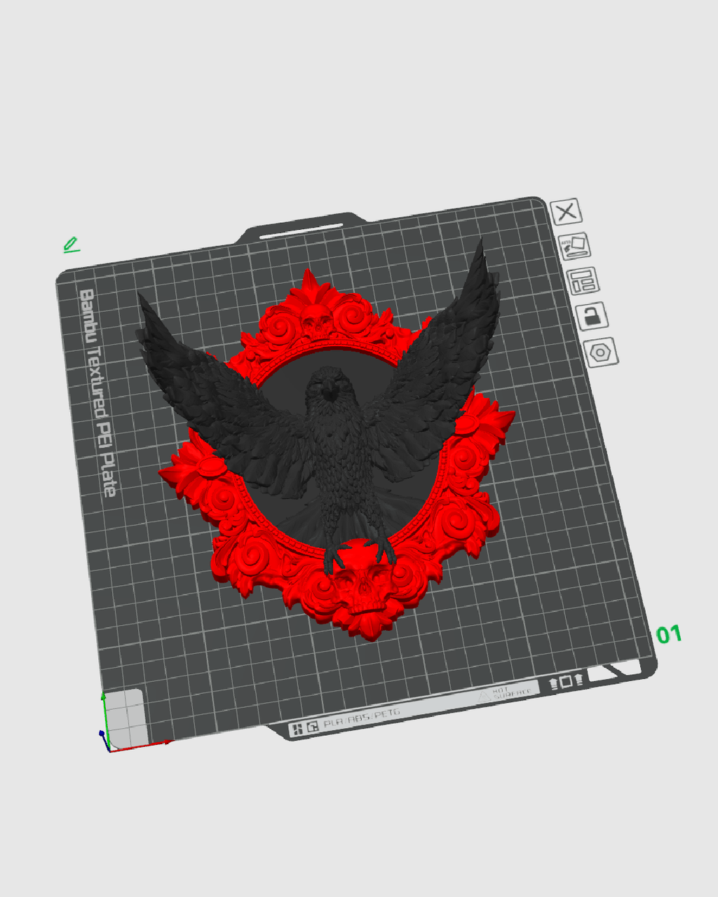 3D-Druckvorschau des Raben-Wandbilds im Slicer-Programm auf dem Druckbett vor dem Druck, in Rot und Schwarz