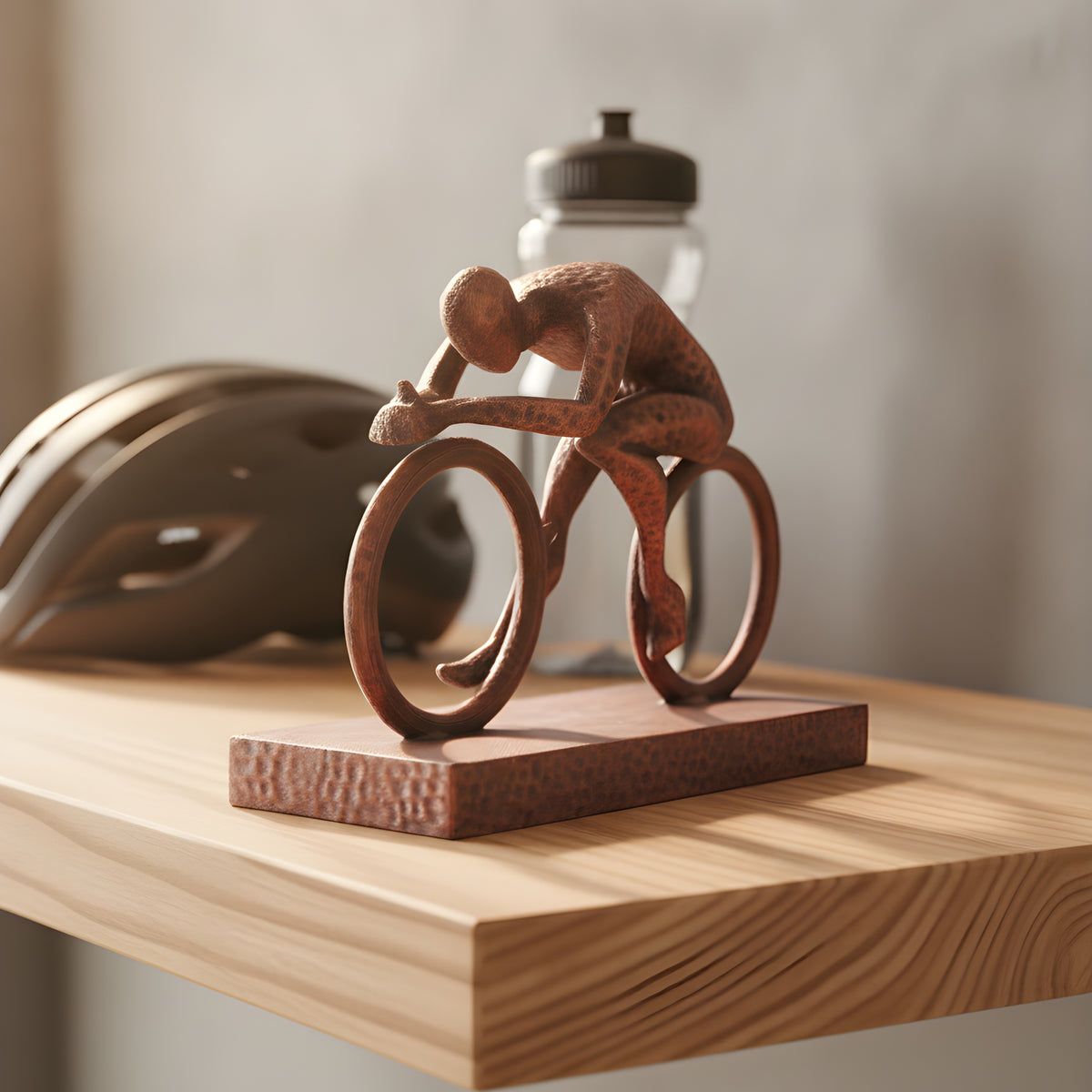 Radfahrer-Statue in Kupfer-Bronze-Optik auf hellem Holzregal im Home-Gym, Rennrad-Pose schräg von vorne, unscharfer Hintergrund mit Fahrradhelm und Trinkflasche im warmen Tageslicht – Münch3D