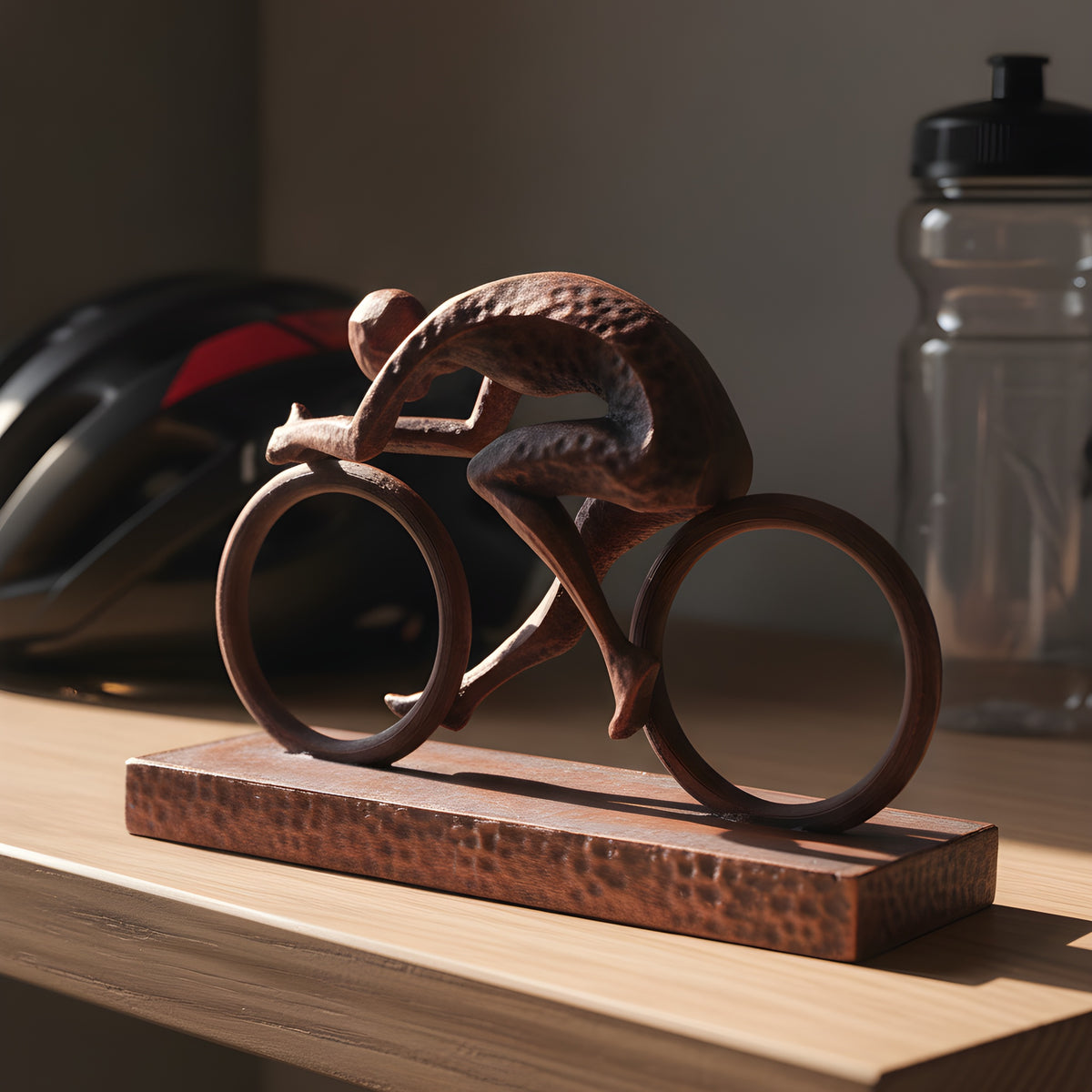 Radfahrer-Statue in Kupfer-Bronze-Optik auf Holzregal, Frontalansicht der Rennrad-Pose, unscharfer Hintergrund mit Fahrradhelm und Trinkflasche – Münch3D
