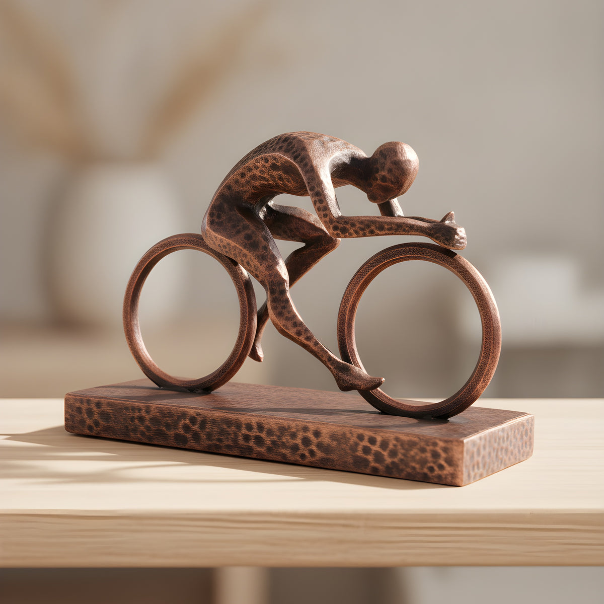 Radfahrer-Statue in Kupfer-Bronze-Optik, Seitenansicht der Rennrad-Pose auf Holzoberfläche, weich unscharfer warmer Hintergrund – Münch3D