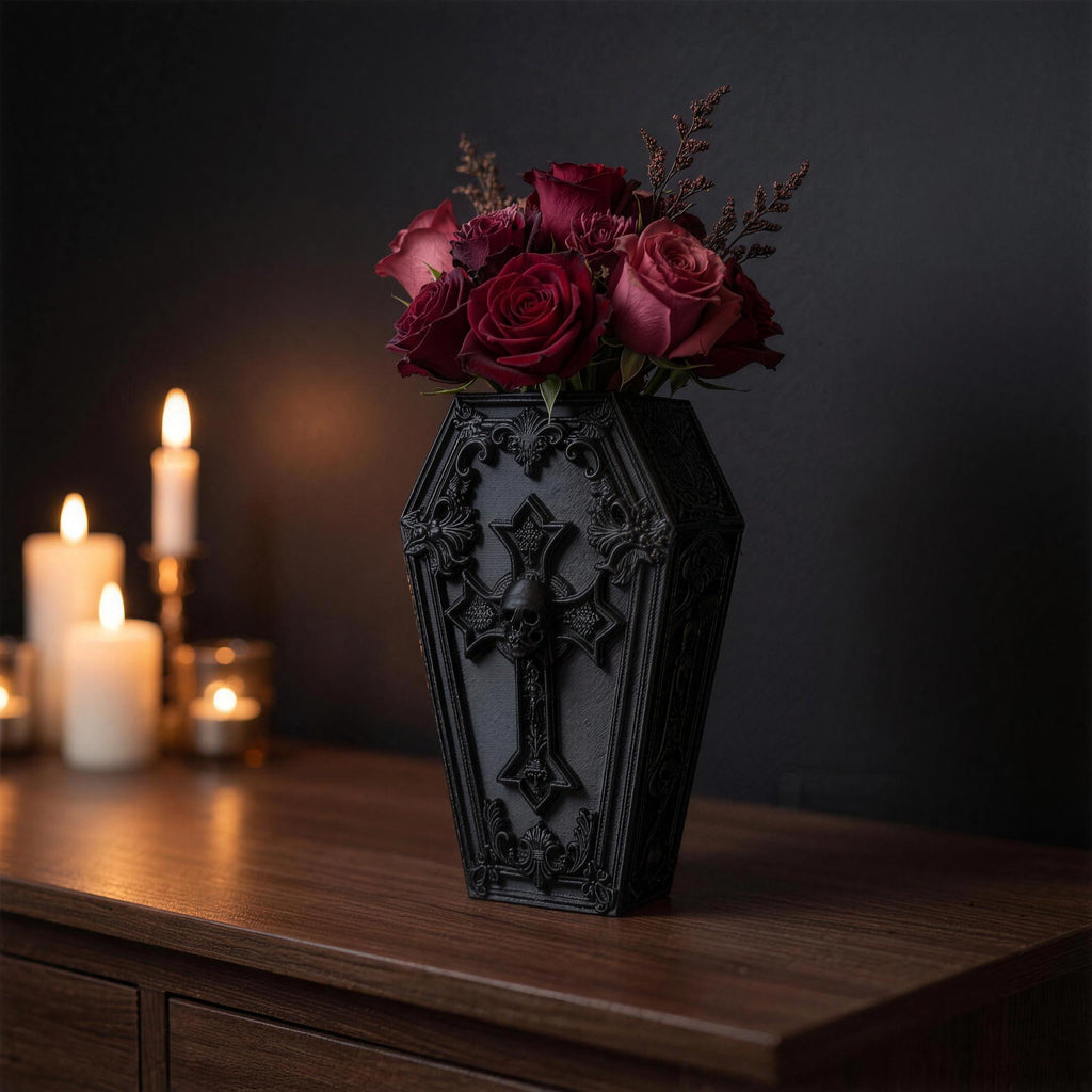 Black gothic coffin vase with cross and skull detail, front view with roses and dried greenery, several candles in the background