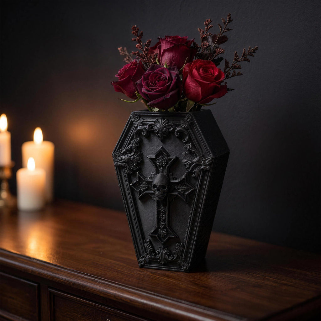 Black gothic coffin vase with skull-cross relief, close-up front view with a rose bouquet and candles in the background