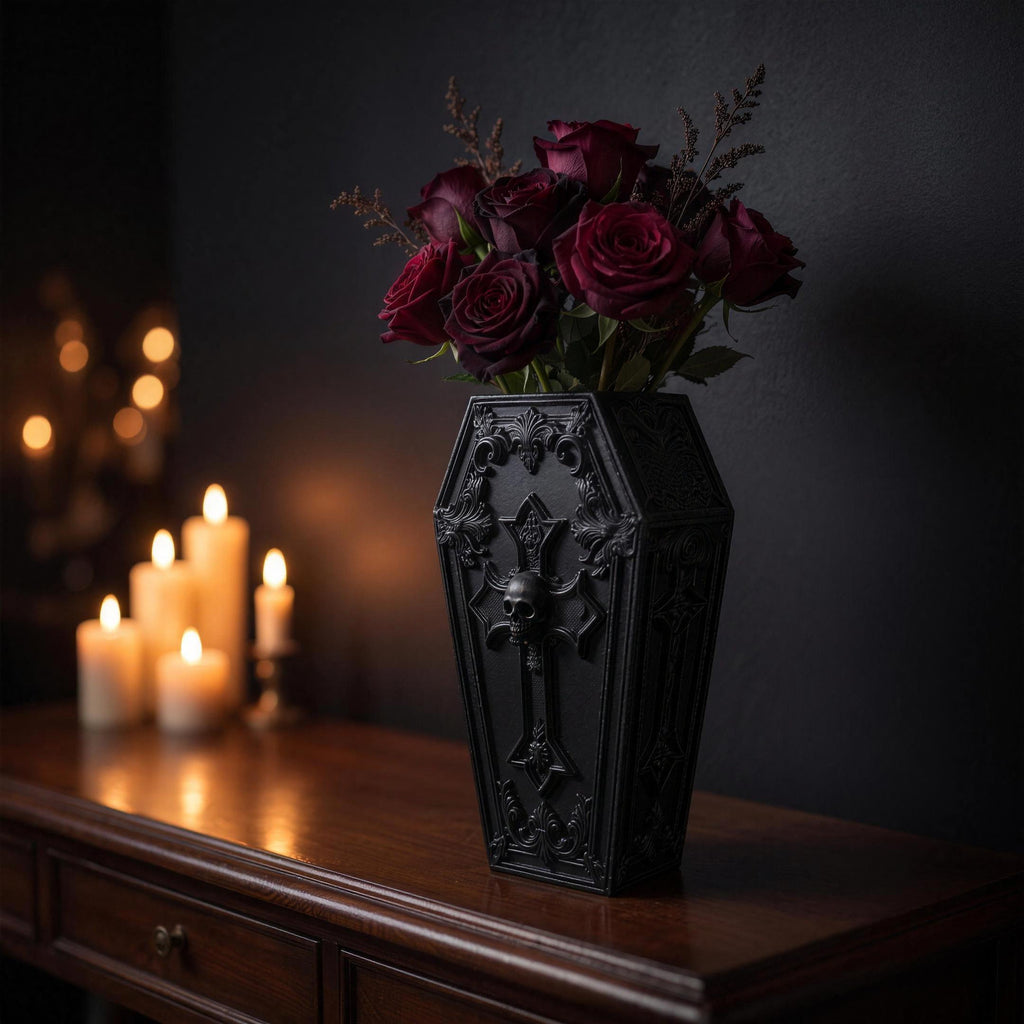 Black gothic coffin vase side close-up with skull-cross relief, dark sideboard in candlelight