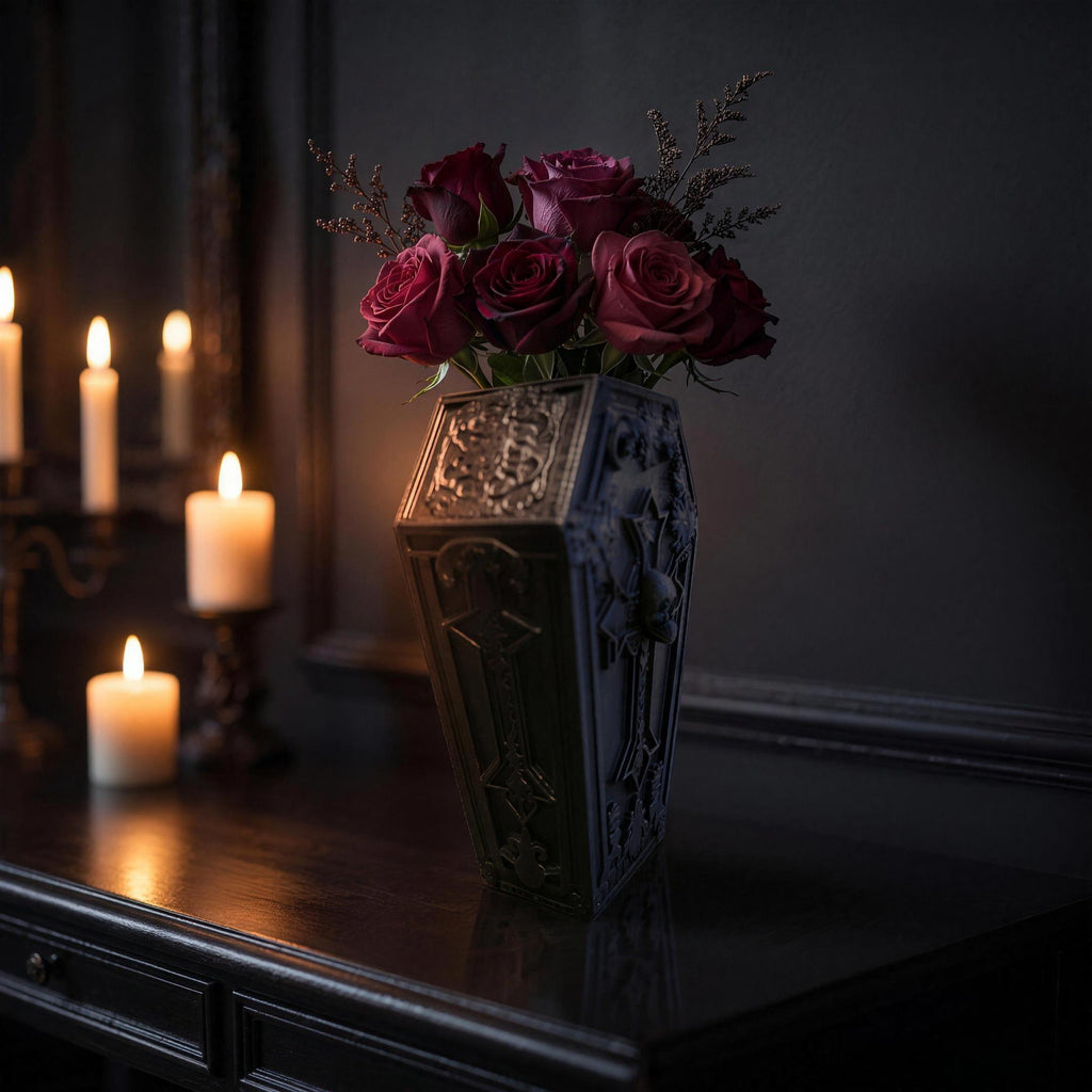 Black gothic coffin vase in side perspective with a rose bouquet, candle holder and grandfather clock in the background