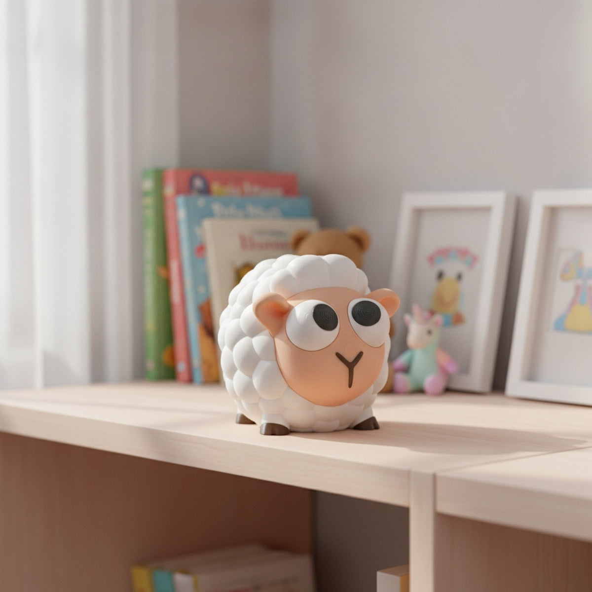 Schaf-Spardose mit Kulleraugen und Woll-Optik, Frontalansicht auf hellem Kinderzimmer-Regal mit Büchern und Kuscheltieren im Hintergrund