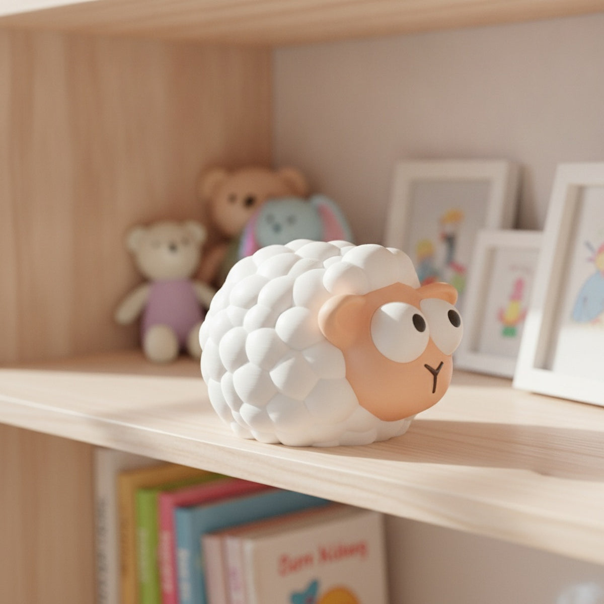 Schaf-Spardose Seitenansicht mit Woll-Textur, auf hellem Kinderzimmer-Regal mit Bilderrahmen und Kuscheltieren im Hintergrund