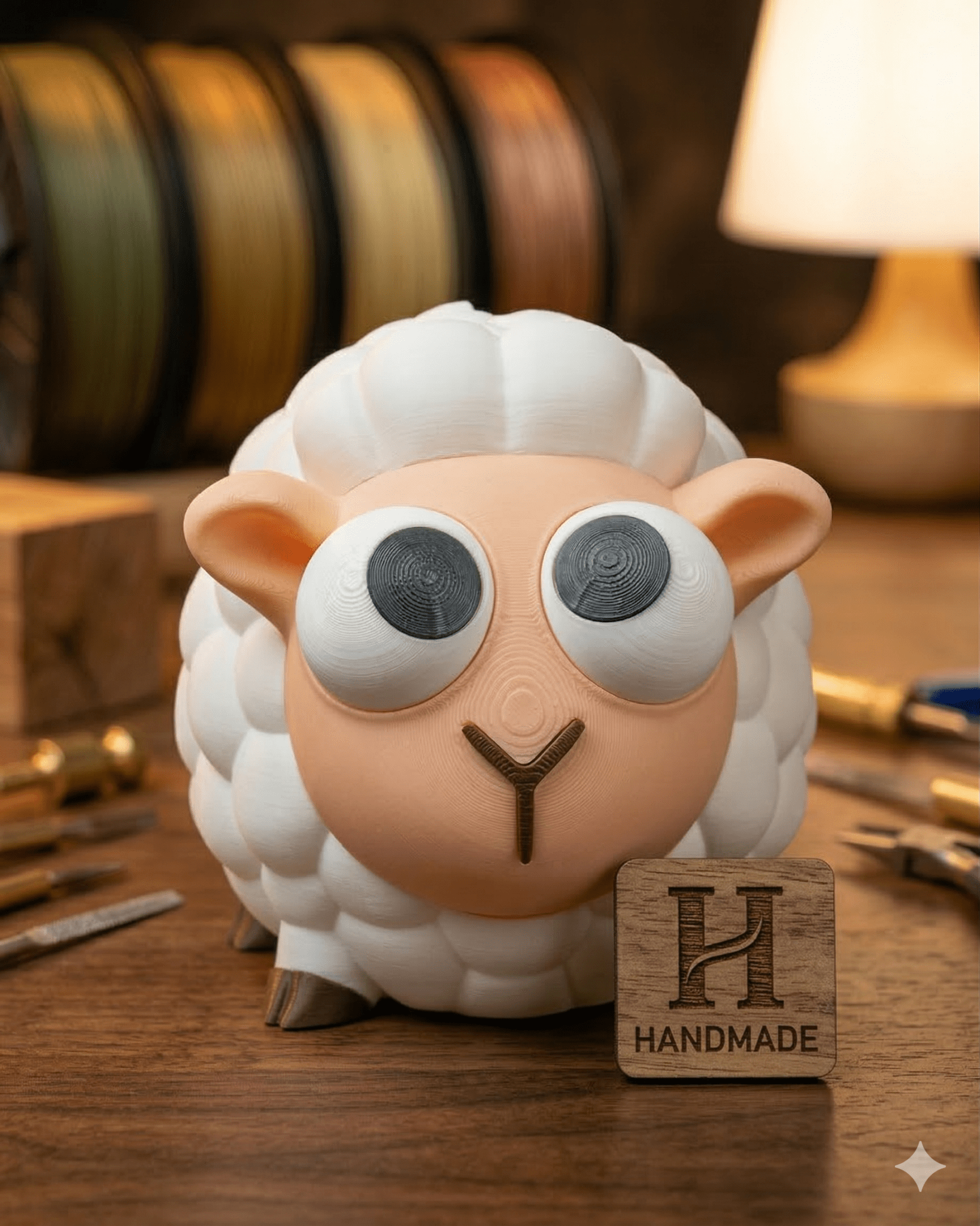 Schaf-Spardose mit Kulleraugen und Woll-Optik, Frontalansicht, KI-generiertes Lifestyle-Bild in Bastelwerkstatt mit Filamentrollen, Tischlampe und Holzschild 'Handmade'