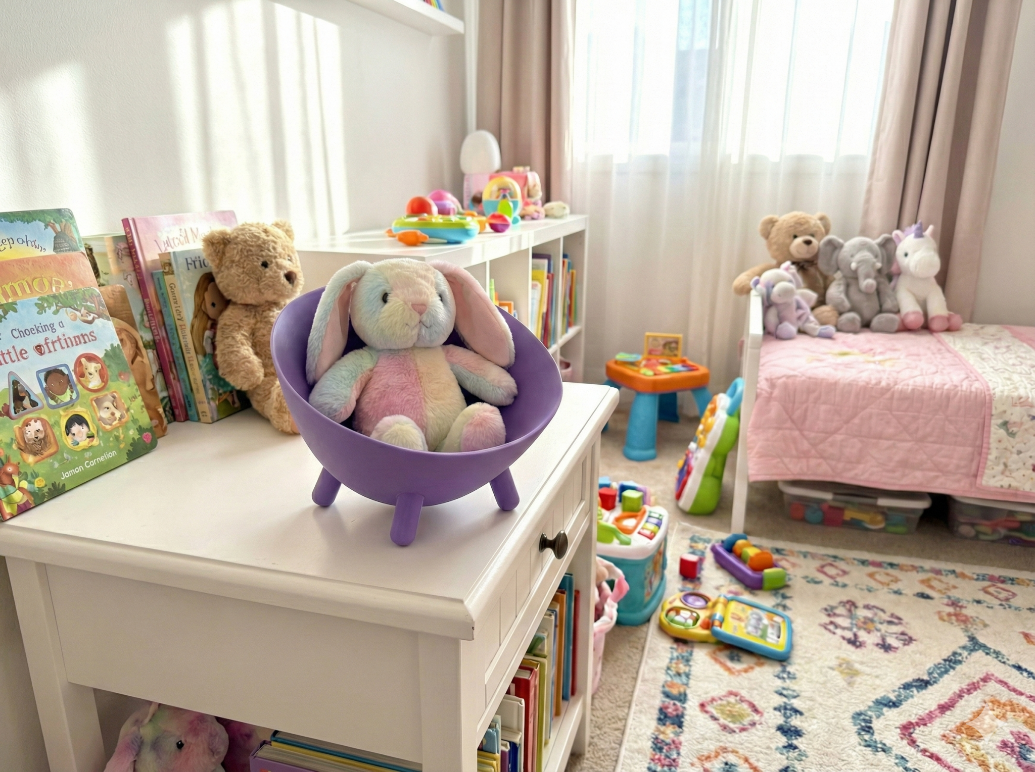 Lila Schüssel mit Füßen als Deko in einem Kinderzimmer, gefüllt mit einem Stoffhasen, im Hintergrund Teddybär, Kinderbücher und Spielzeug auf einem Regal, Kinderbett mit rosa Decke rechts im Bild.