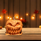 Schmelzende Kürbis-Süßigkeiten-Box mit gruseligem Gesicht, auf herbstlich dekoriertem Holztisch mit Lichterkette und Miniatur-Kürbissen im Hintergrund