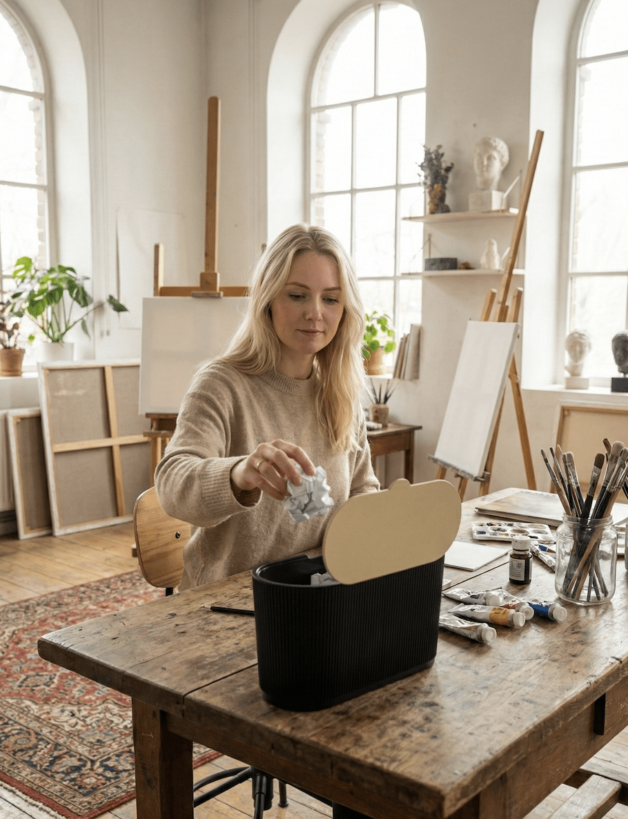 Lifestyle-Foto: Frau wirft eine Papierkugel in den geöffneten ovalen schwarzen Mülleimer mit beigefarbenem Schwingdeckel, auf einem alten Holztisch in einem Künstler-Atelier mit Staffeleien, Farbtuben und Pinselglas im Hintergrund.