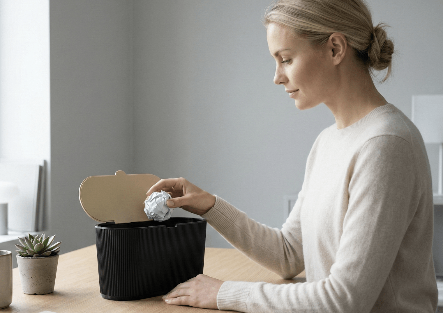 Lifestyle-Foto: Frau wirft eine Papierkugel in den geöffneten ovalen schwarzen Mülleimer mit beigefarbenem Schwingdeckel, daneben eine Sukkulente im Beton-Topf, minimalistisches helles Büro im Hintergrund.