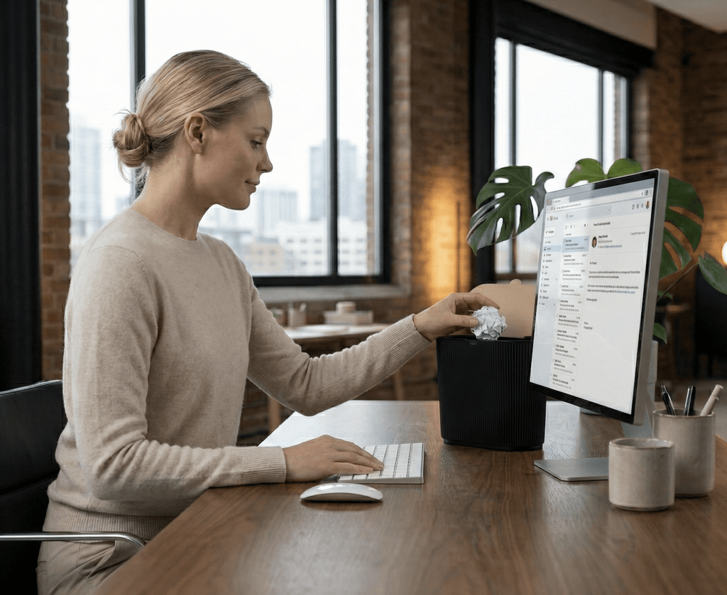 Lifestyle-Foto: Frau wirft eine Papierkugel in einen runden schwarzen Papierkorb auf ihrem Schreibtisch, im Hintergrund ein Monitor mit geöffnetem E-Mail-Postfach, Grünpflanze und Stifthalter in einem Loft-Büro mit Backsteinwänden.