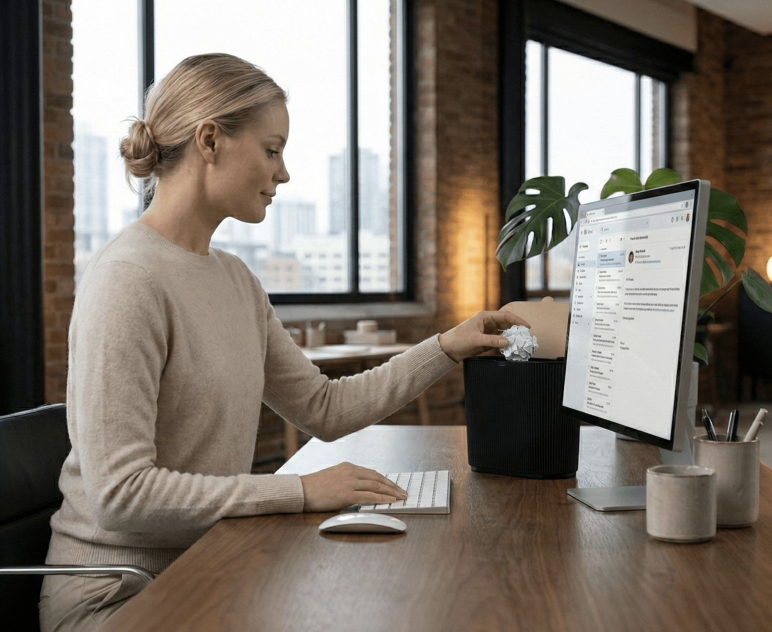 Lifestyle-Foto: Frau wirft eine Papierkugel in einen runden schwarzen Papierkorb auf ihrem Schreibtisch, im Hintergrund ein Monitor mit geöffnetem E-Mail-Postfach, Grünpflanze und Stifthalter in einem Loft-Büro mit Backsteinwänden.